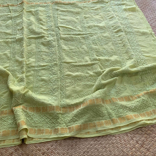 Green Chickankari Hand Embroidery on a Sungudi Cotton Saree