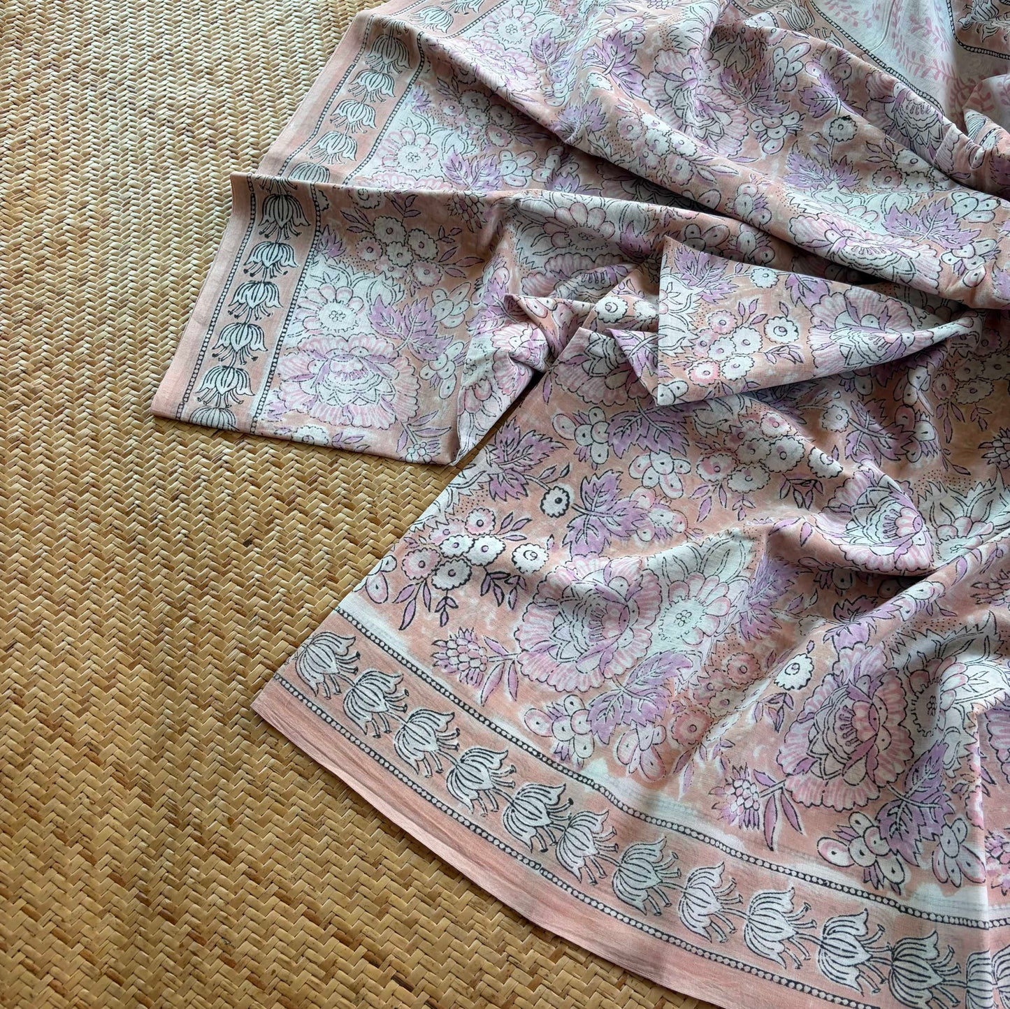 Mul Mul Cotton saree, Hand Block Printed, Pastel Peach