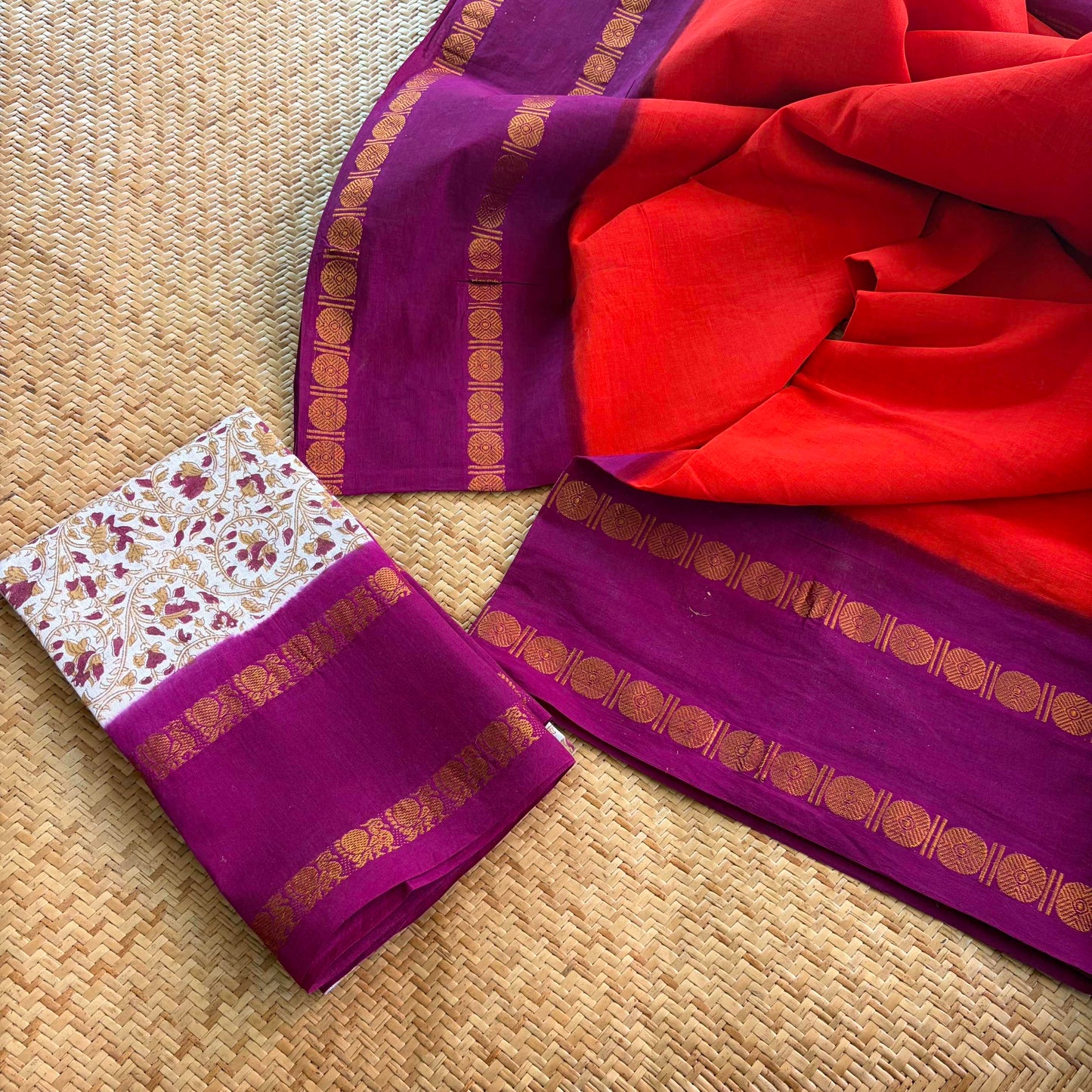 Red Saree With Hand Block Printed Blouse , Zari Rudraksham Rettai Pettu Border , Clamp dyed (Kattu sayam)
