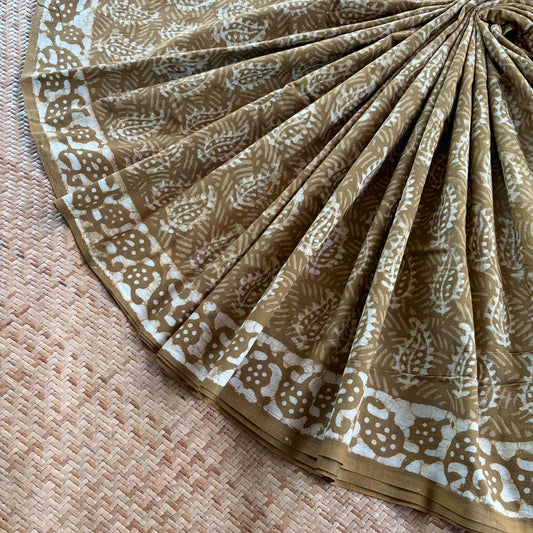 Mul Mul Cotton saree, Hand Block Printed, Mustard