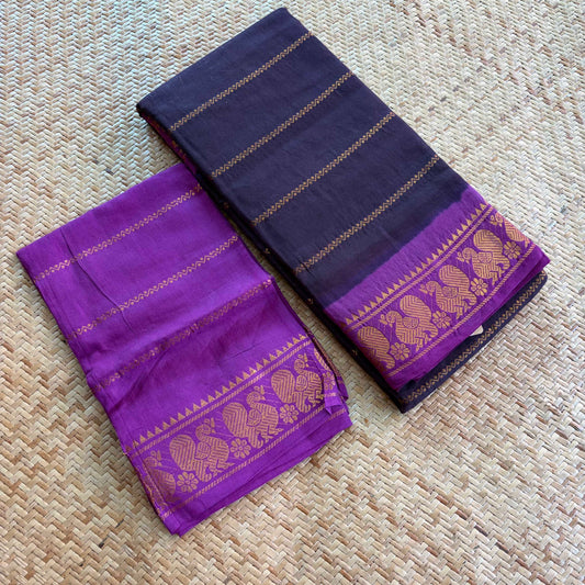 Dark Brown saree with Purple Border, Zari Velthari Madurai Sungadi Saree with blouse