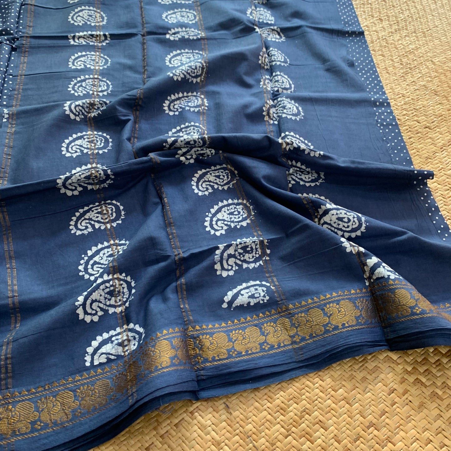 Blue Hand Crafted wax print Sungudi Mul Mul Cotton Saree