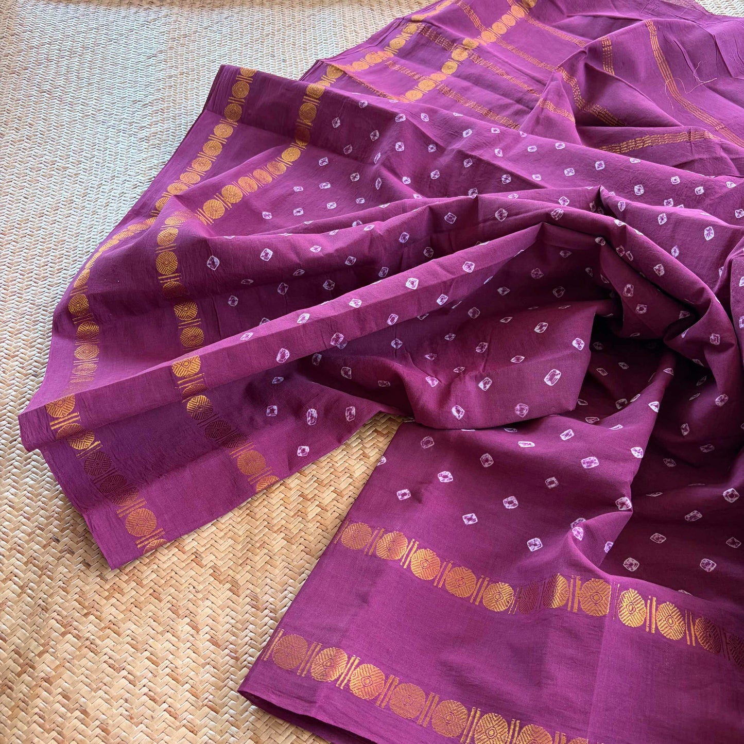 Dusty Purple Saree, Hand knotted Sungudi On a Rudraksham Border Cotton saree, Kaikattu Sungadi