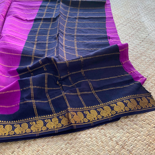 Purple Saree With Navy Border, Zari Velthari Madurai Sungadi Saree