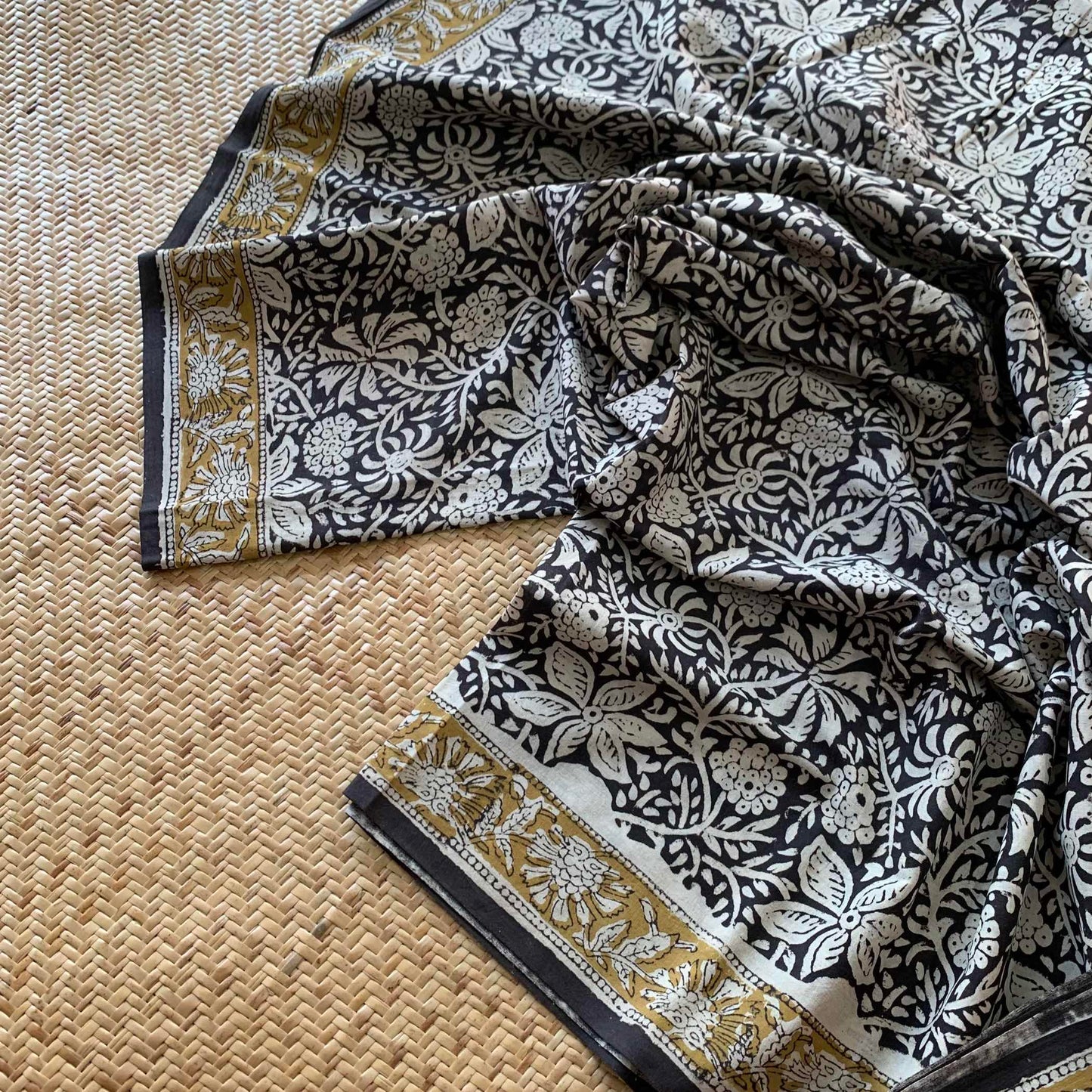 Mul Mul Cotton saree, Hand Block Printed, Black