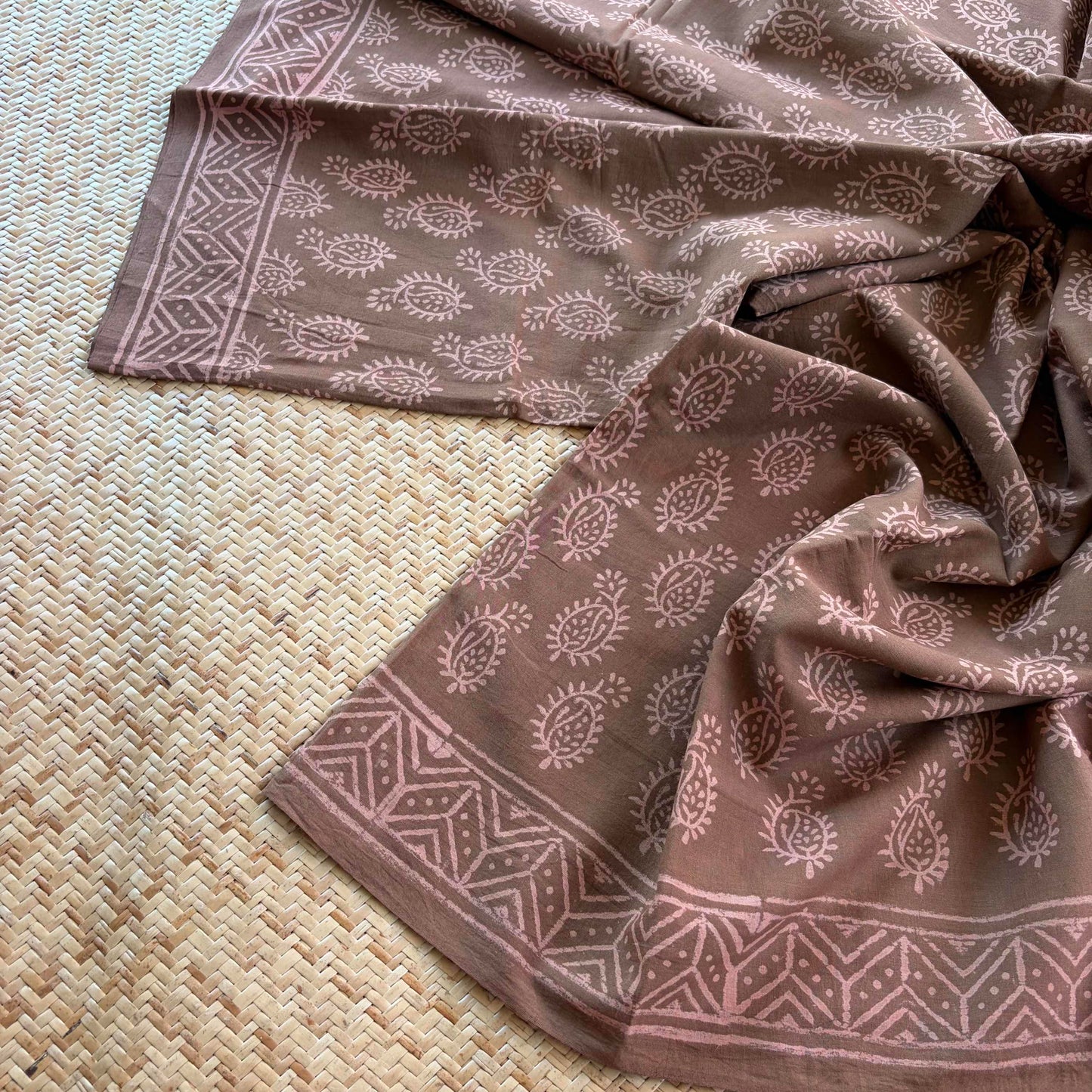 Mul Mul Cotton saree, Hand Block Printed, Brown