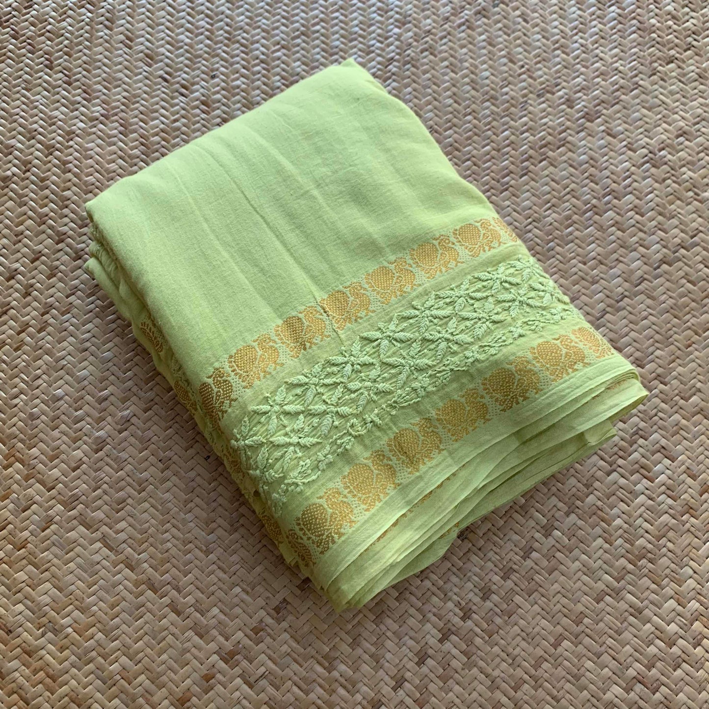 Green Chickankari Hand Embroidery on a Sungudi Cotton Saree