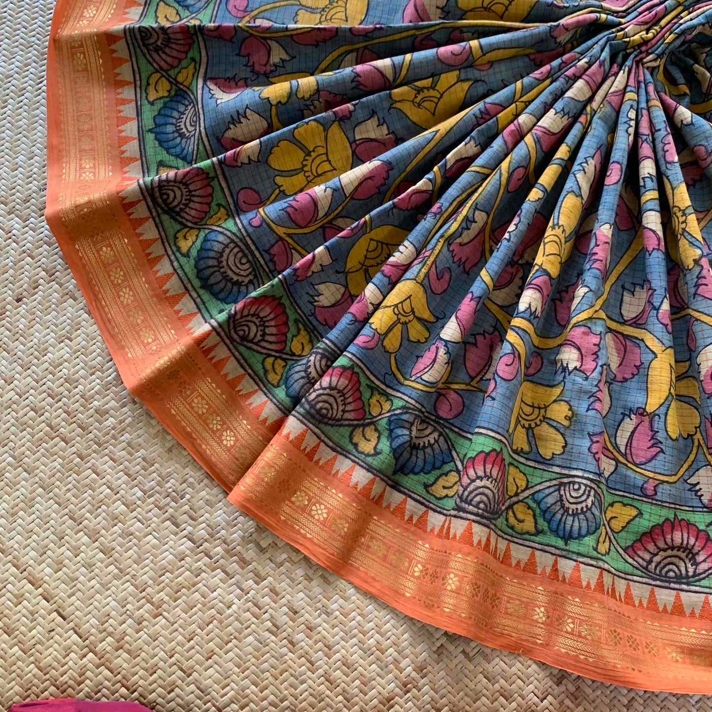 Blue-ish Grey Kalamkari Hand Painted on Chettinad Cotton saree