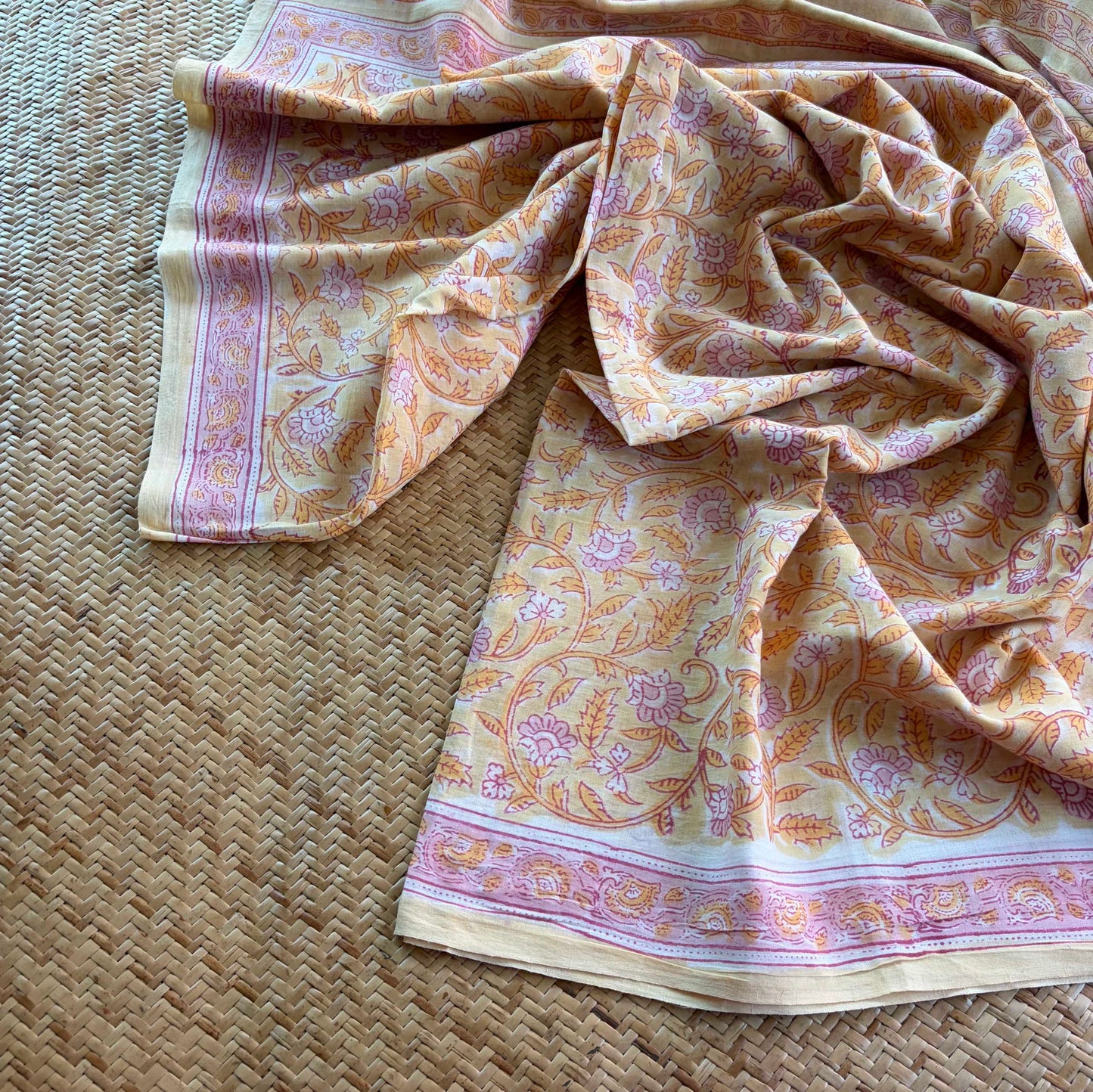 Mul Mul Cotton saree, Hand Block Printed, Butter Yellow