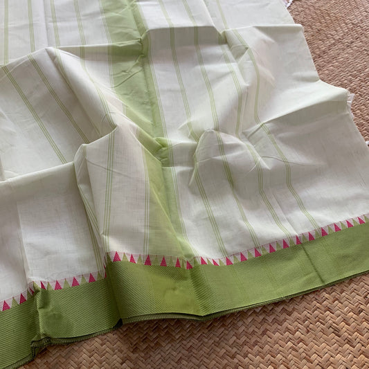 Chettinad Cotton Saree, Greenish- Cream Saree With Green Border