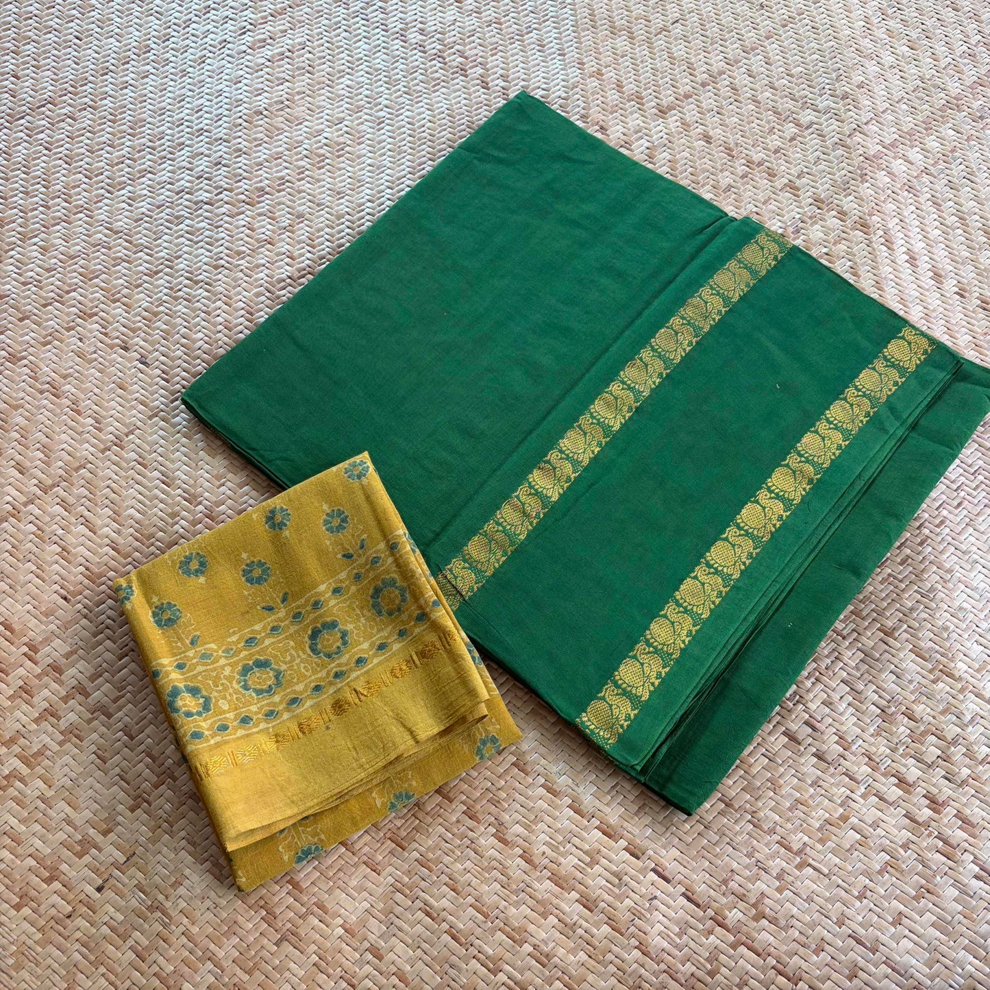Green Saree With Ajrak Blouse , Zari Rudraksham Rettai Pettu Border , Clamp dyed (Kattu sayam)