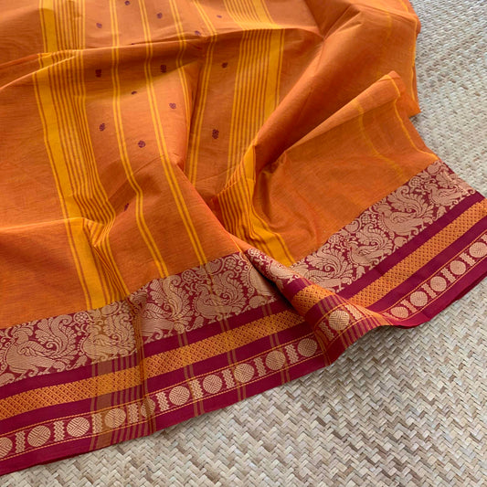 Chettinad Cotton Saree, Orange Saree with Thread Border