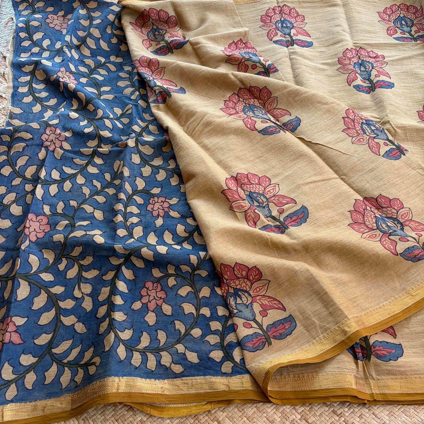 Biscuit Kalamkari Hand Painted on Chettinad Cotton saree
