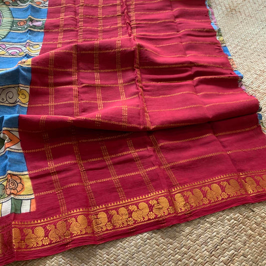 Multicoloured Kalamkari Hand Painted on a Madurai Velthari Sungudi Cotton saree.