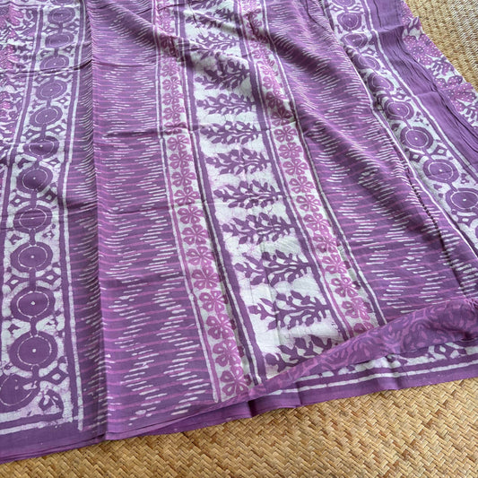 Mul Mul Cotton saree, Hand Block Printed, Purple