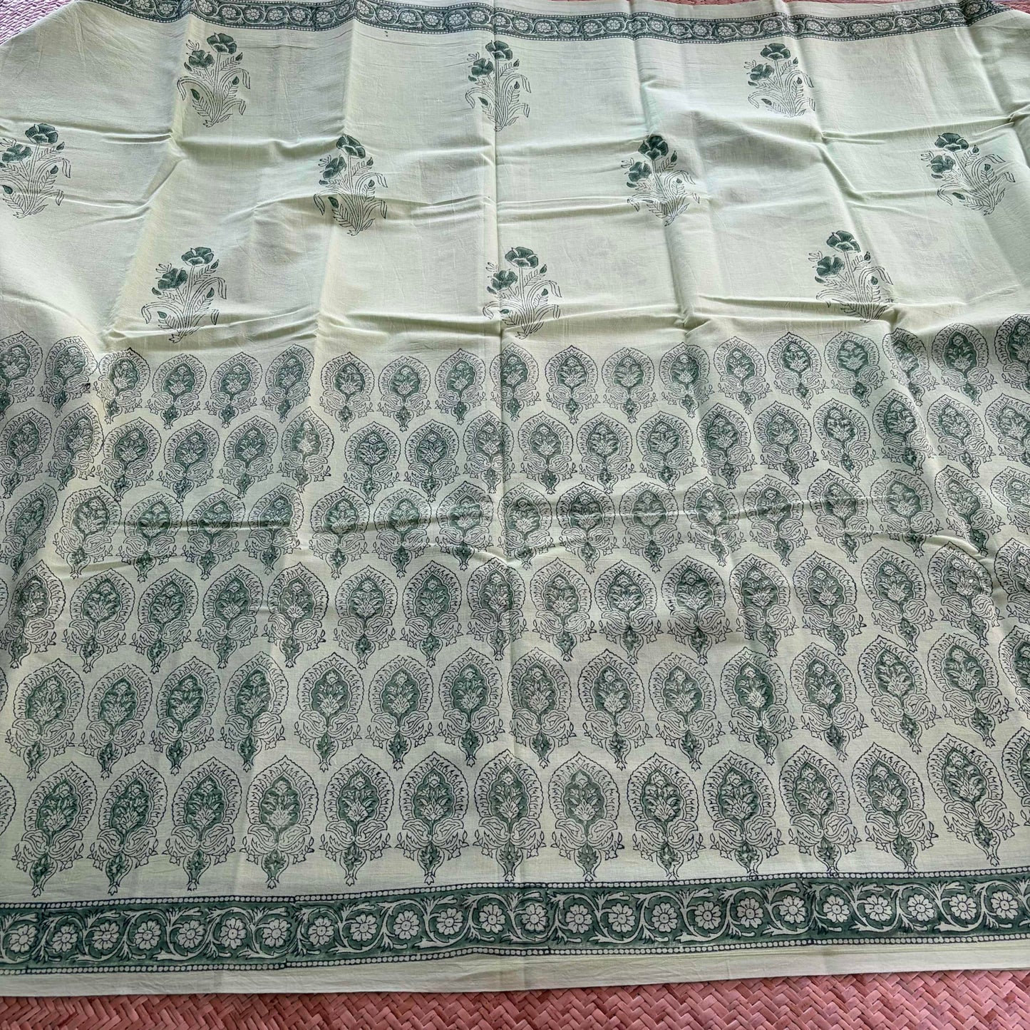 Mul Mul Cotton saree, Hand Block Printed, Pastel Green