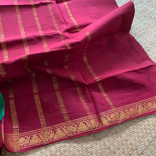 Green With Red Wax Print, Half Fine Zari Premium Sungudi Cotton Sarees