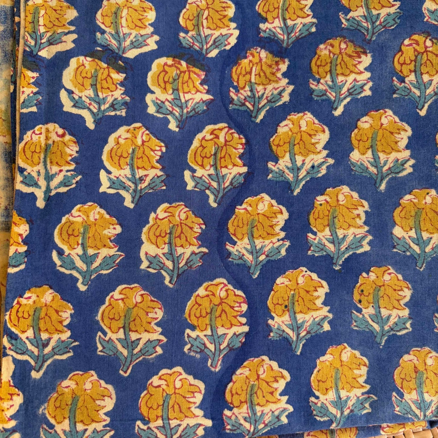 Hand Block Printed Sanganeri Cotton Running Fabric, Blue