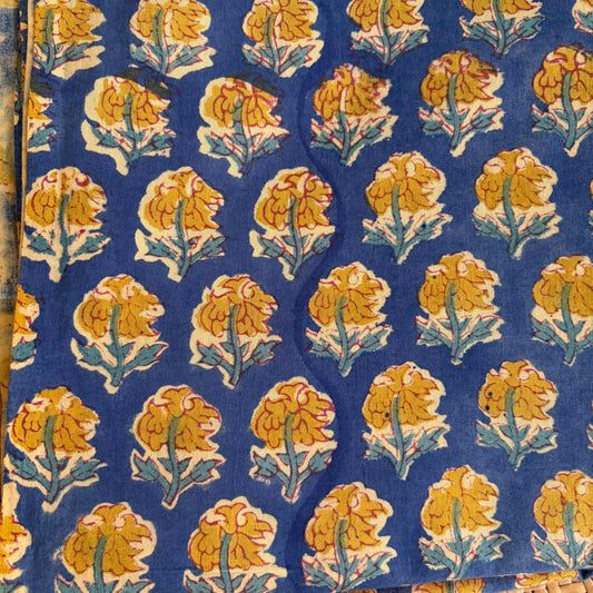 Hand Block Printed Sanganeri Cotton Running Fabric, Blue