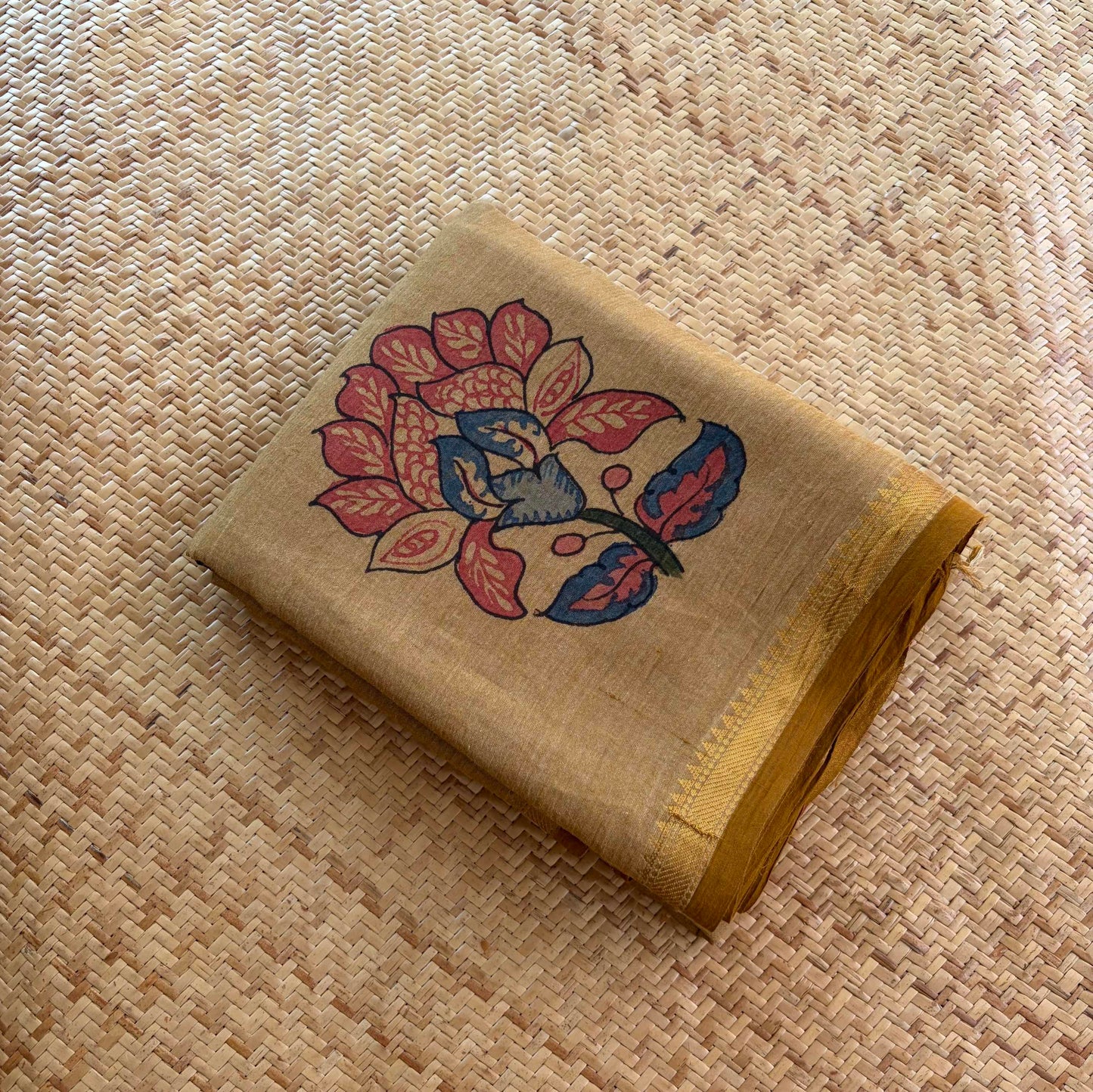 Biscuit Kalamkari Hand Painted on Chettinad Cotton saree