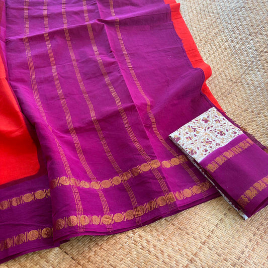 Red Saree With Hand Block Printed Blouse , Zari Rudraksham Rettai Pettu Border , Clamp dyed (Kattu sayam)