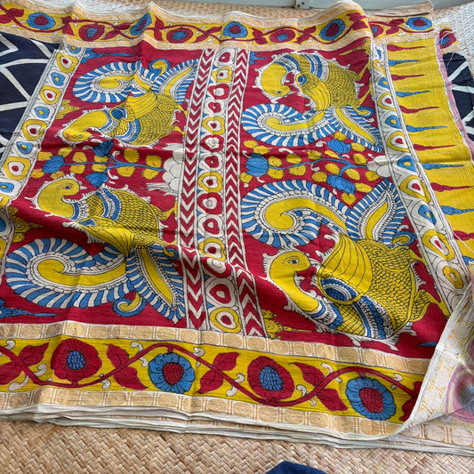 Herringbone Kalamkari Hand Painted on Cotton Sungudi Saree With Blouse