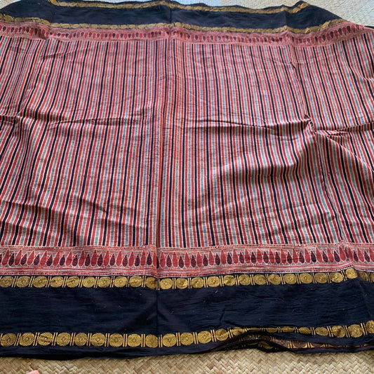 Manjista Stripes-Rudraksham, Ajrak Hand Block Printed On Madurai Cotton Saree With Zari