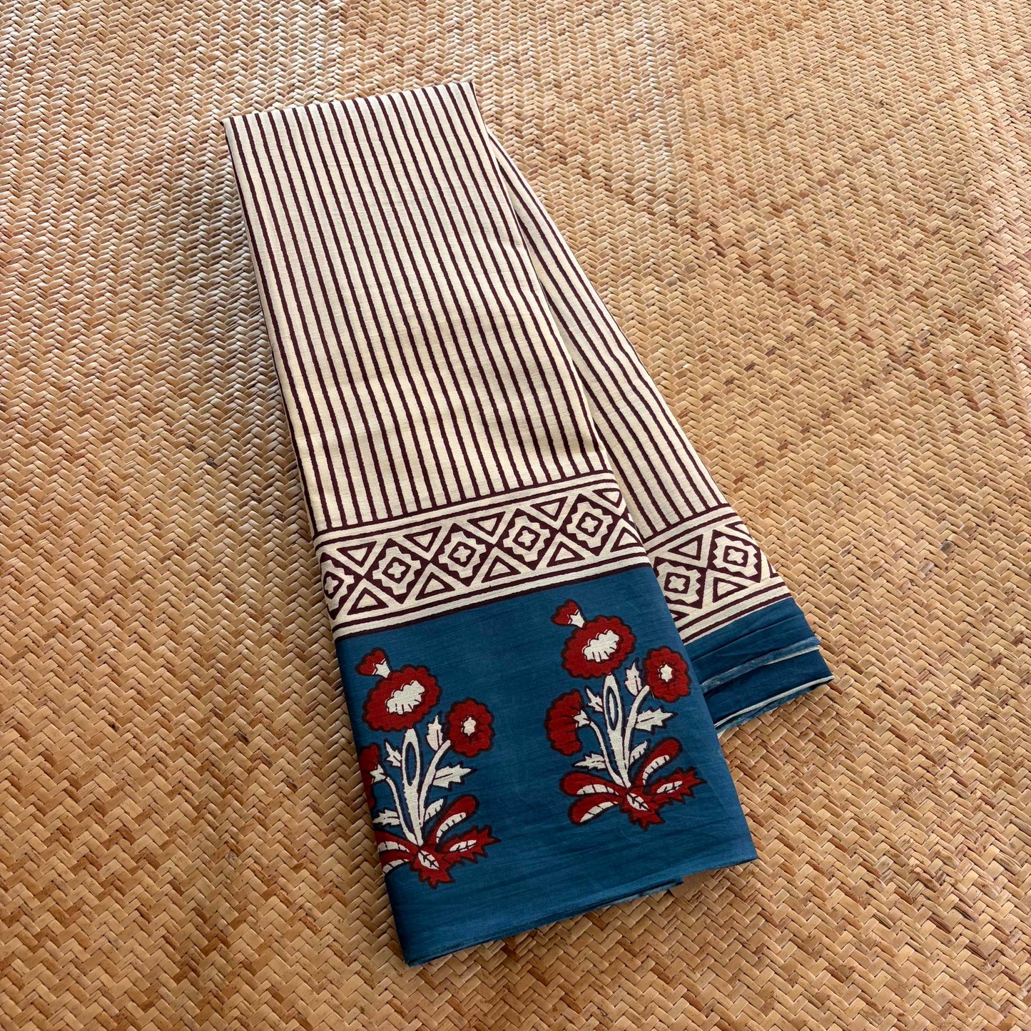 Mul Mul Cotton saree, Hand Block Printed, Blue