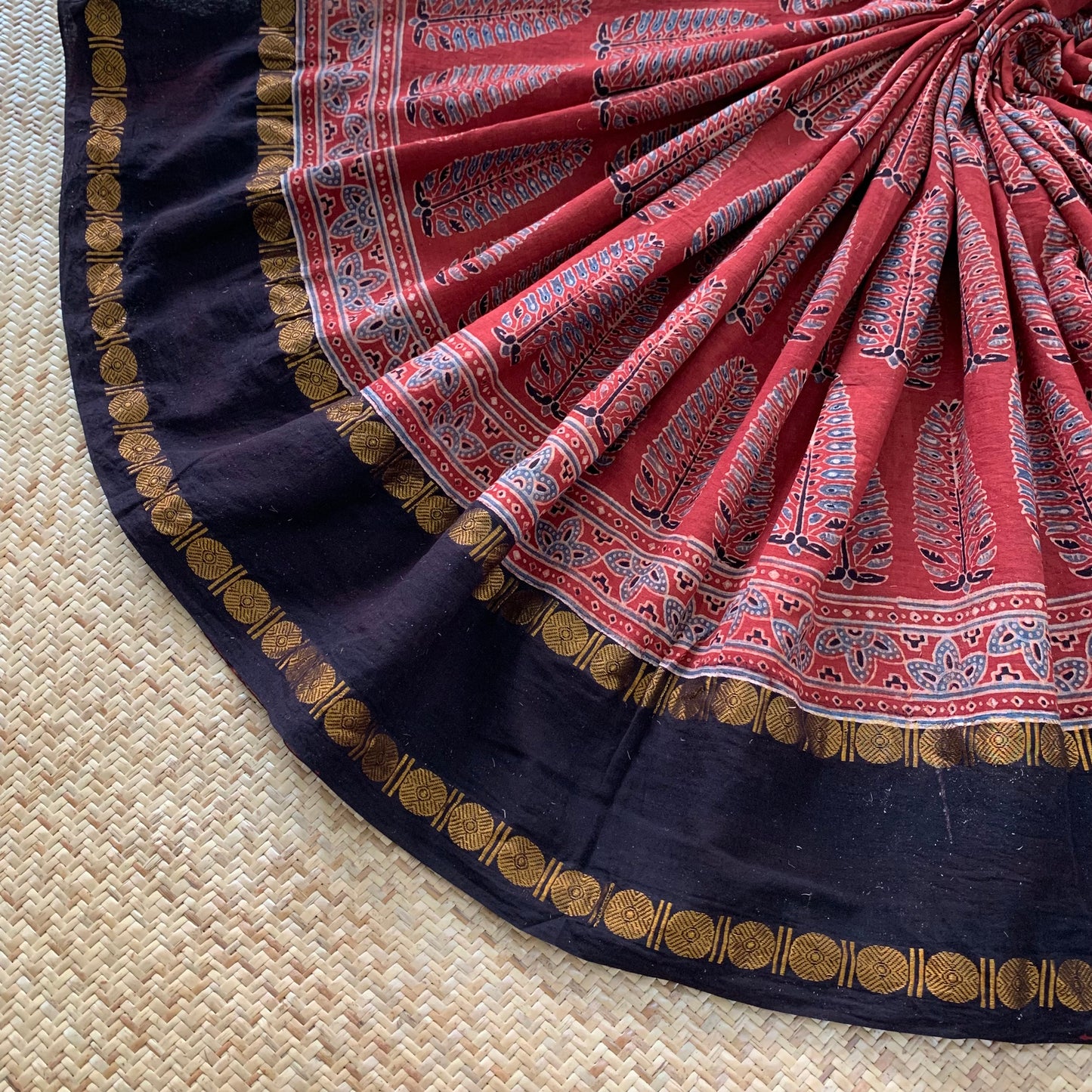 Pinecone-Manjistha, Ajrak Hand Block Printed On Madurai Cotton Saree With Zari