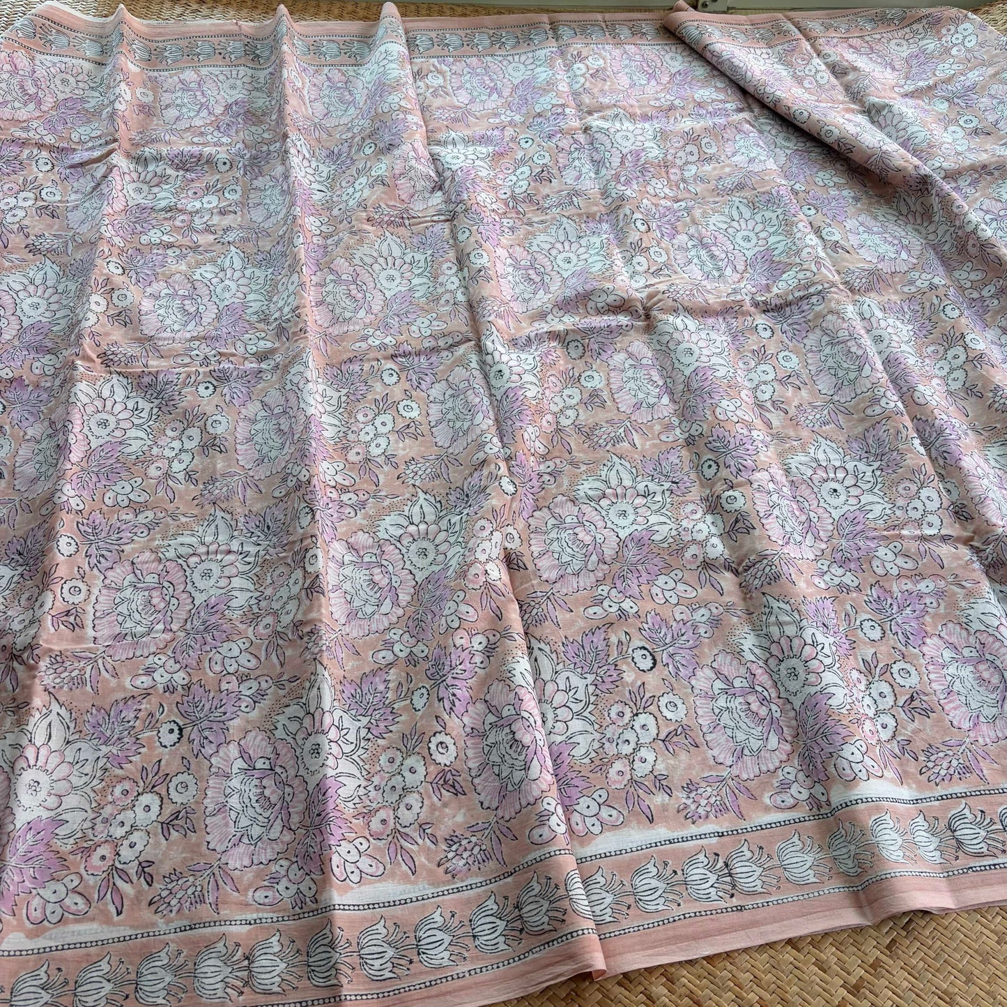 Mul Mul Cotton saree, Hand Block Printed, Pastel Peach