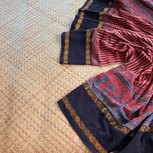 Madder Stripes, Ajrak Hand Block Printed On Madurai Cotton Saree With Zari