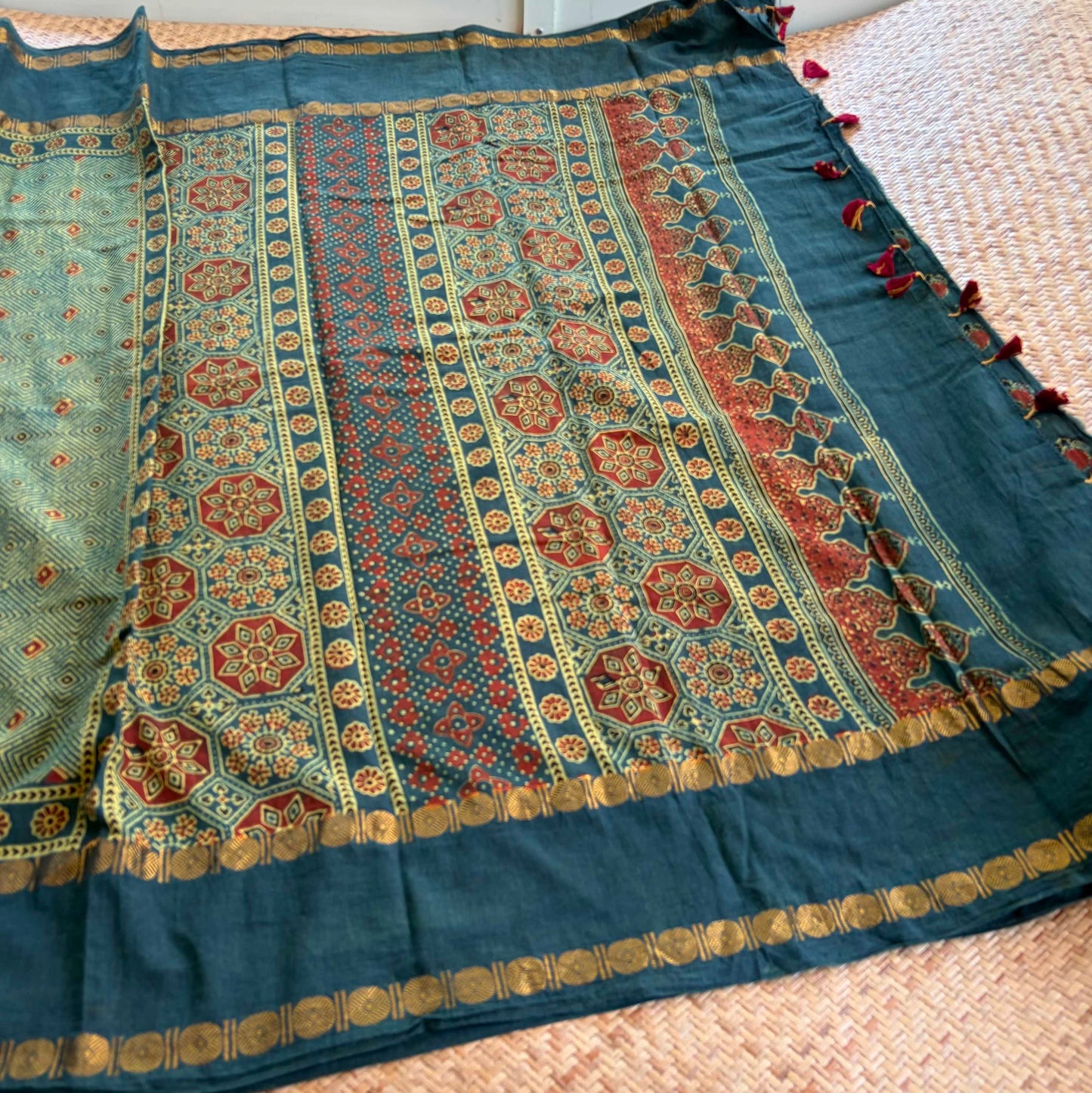Green, Ajrak Hand Block Printed On Madurai Cotton Saree With Zari
