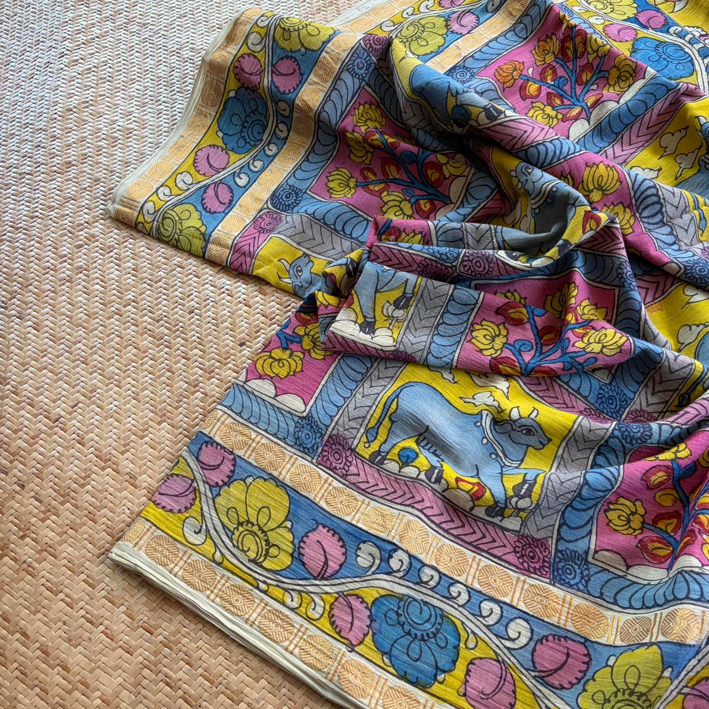 Column and Row Kalamkari Hand Painted on Cotton Sungudi Saree With Blouse