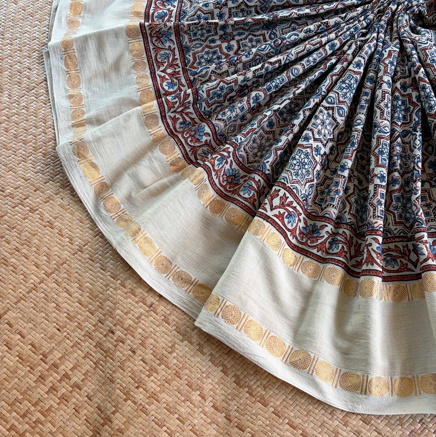 Star Offwhite , Ajrak Hand Block Printed On Madurai Cotton Saree With Zari