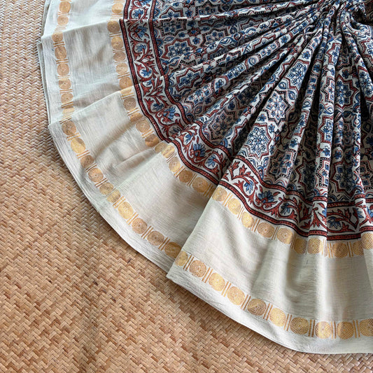 Star Offwhite , Ajrak Hand Block Printed On Madurai Cotton Saree With Zari