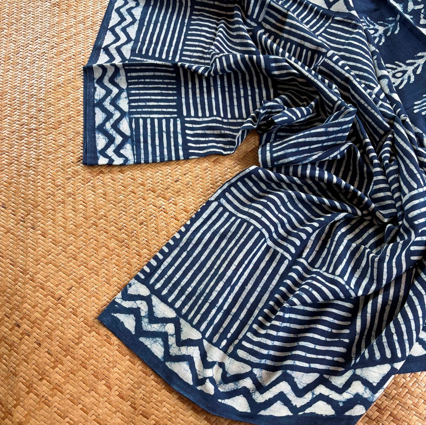 Mul Mul Cotton saree, Hand Block Printed, Indigo