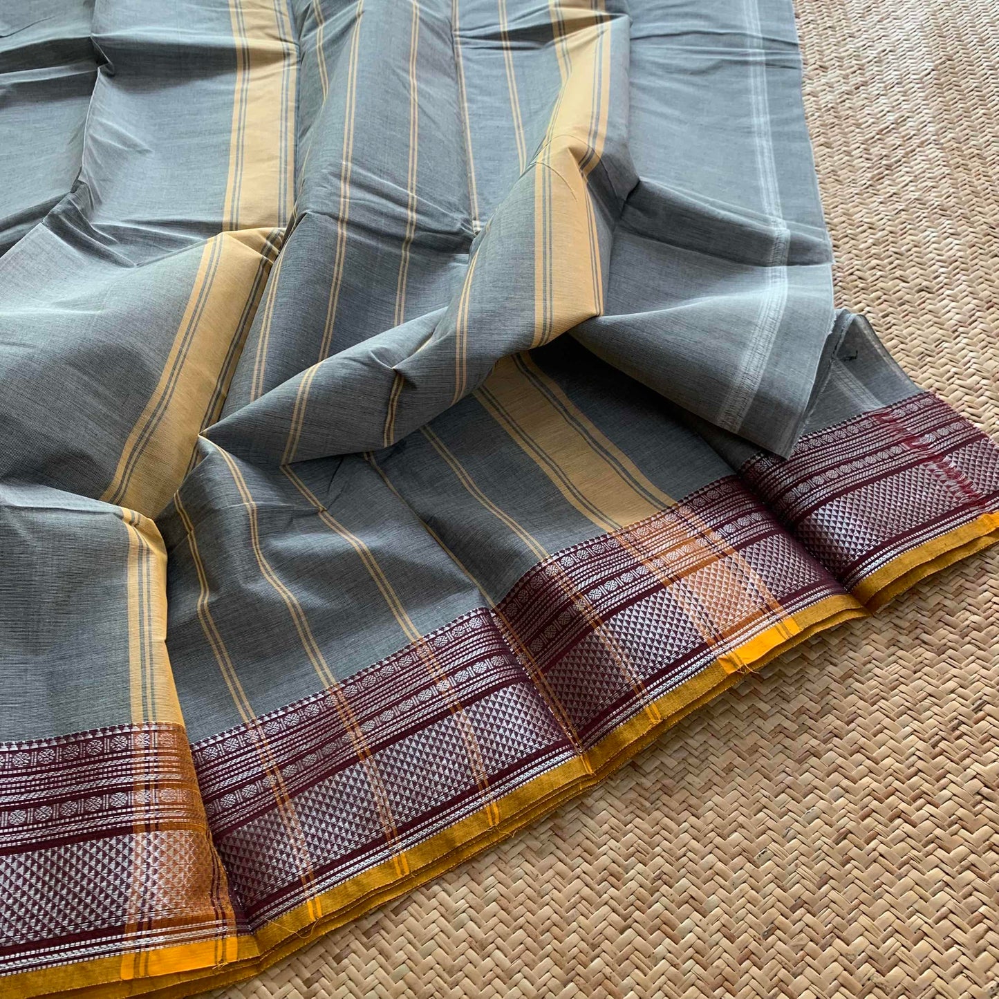 Grey Saree Black Ganga Jamuna Border, Chettinad cotton saree