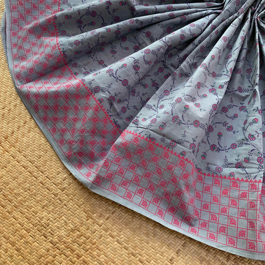 Grey Blue Print Sungudi Saree