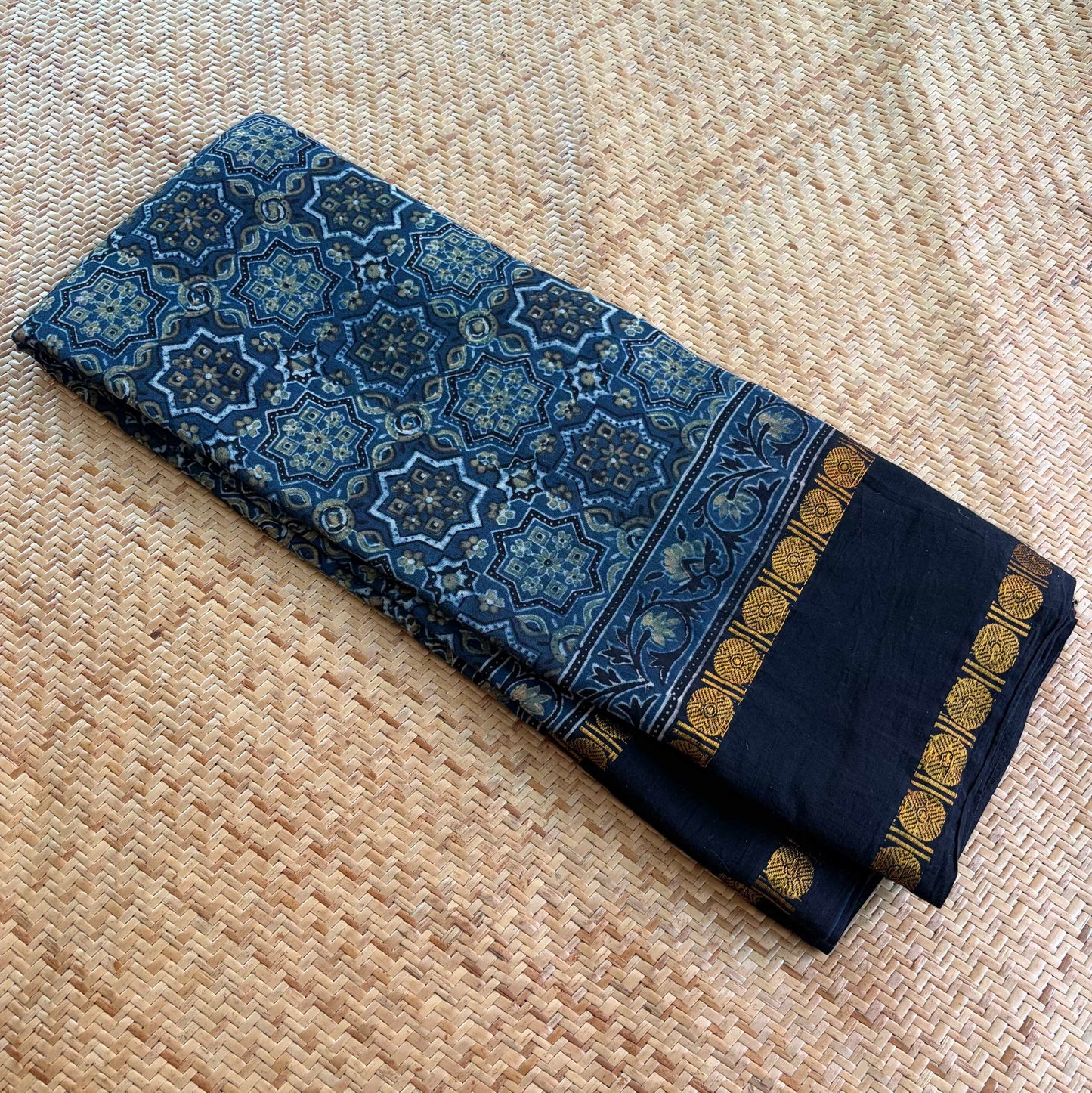 Star Indigo, Ajrak Hand Block Printed On Madurai Cotton Saree With Zari