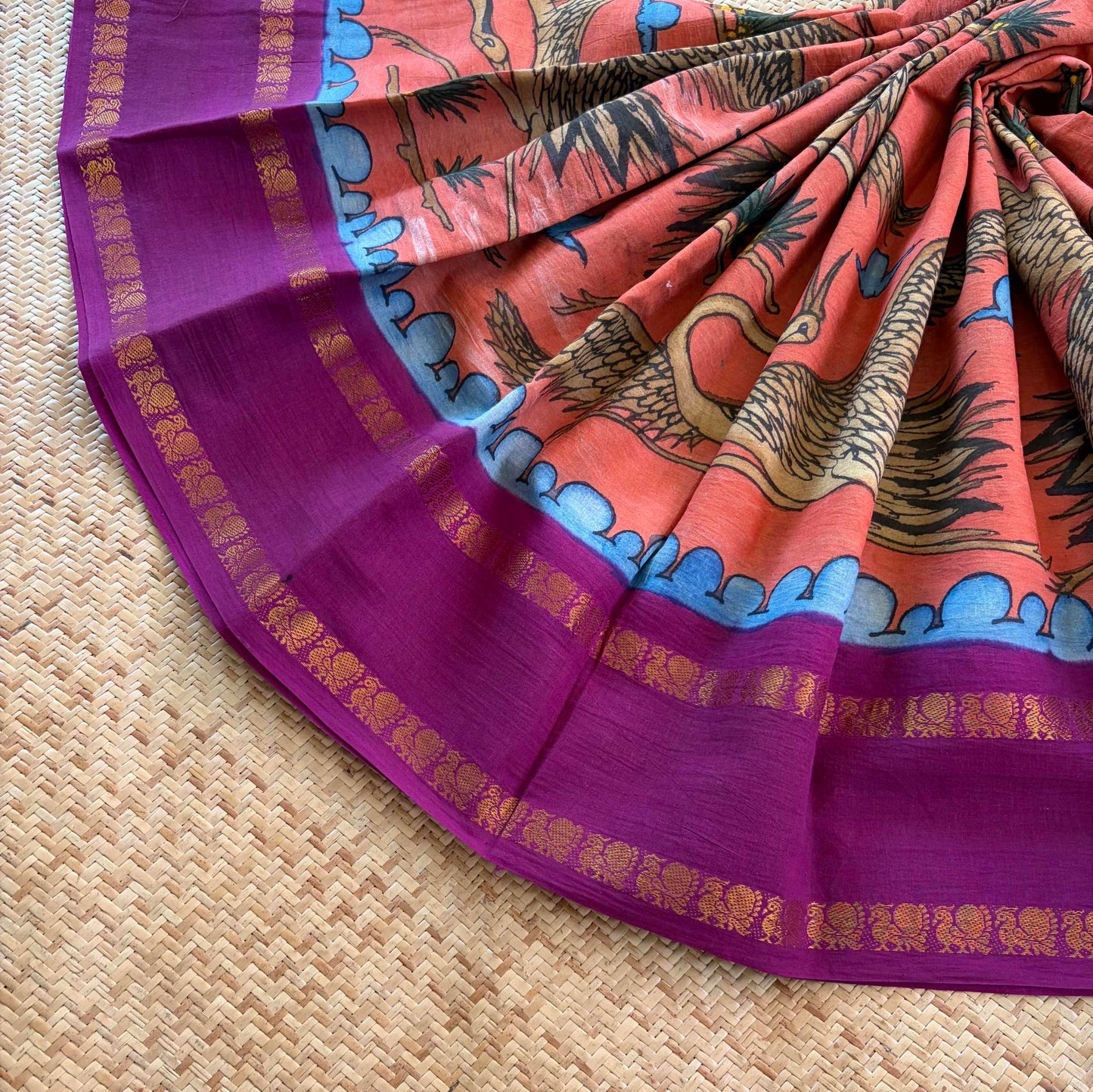 Crane Kalamkari Hand Painted on a Madurai Sungudi Cotton saree.