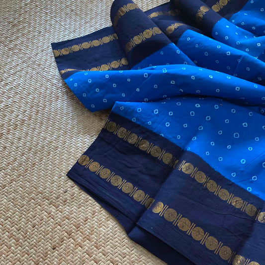 Blue Saree With Navy Border, Hand knotted Sungudi On a Rudraksham Border Cotton saree, Kaikattu Sungadi