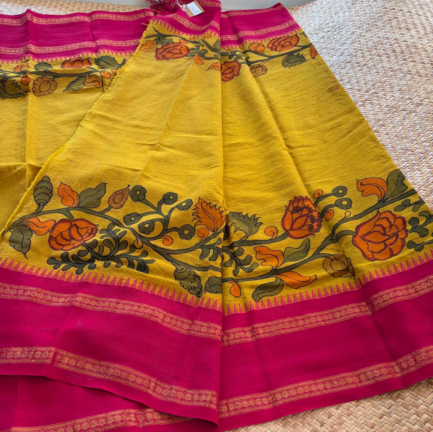 Olive Green Kalamkari Hand Painted on Chettinad Cotton saree