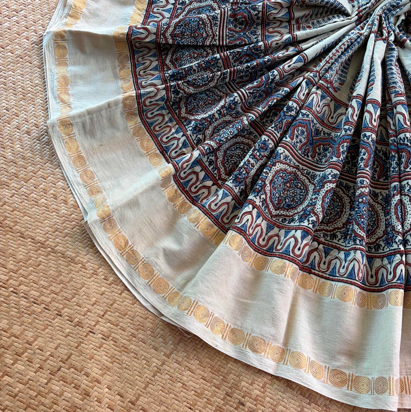 Pinecone-Cream , Ajrak Hand Block Printed On Madurai Cotton Saree With Zari