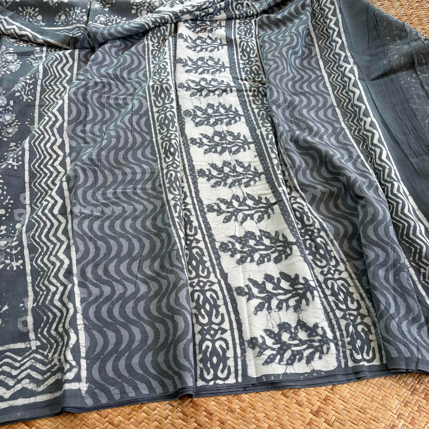Mul Mul Cotton saree, Hand Block Printed, Grey
