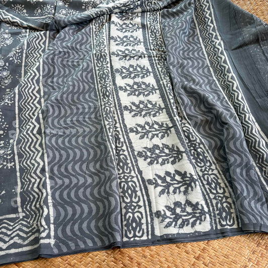 Mul Mul Cotton saree, Hand Block Printed, Grey