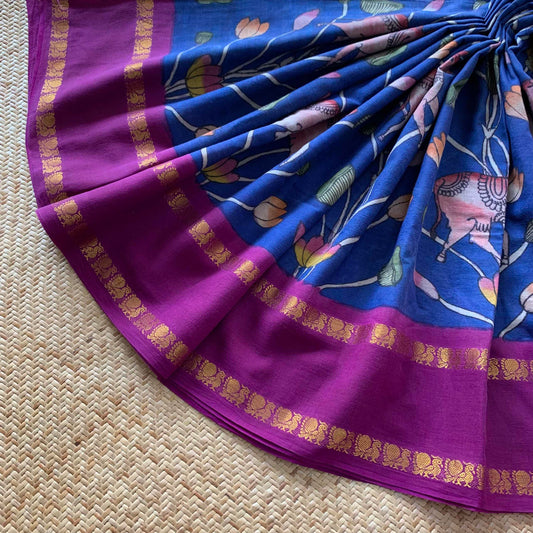 Krishna, Kalamkari Hand Painted on a Madurai Sungudi Cotton saree.