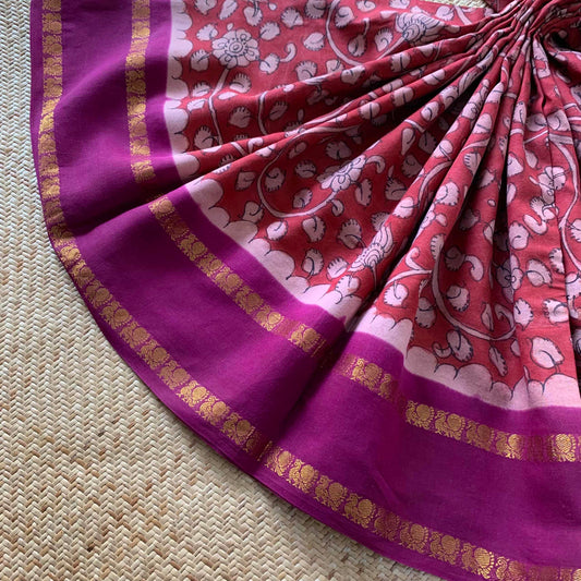 Floral Kalamkari Hand Painted on a Madurai Sungudi Cotton saree.