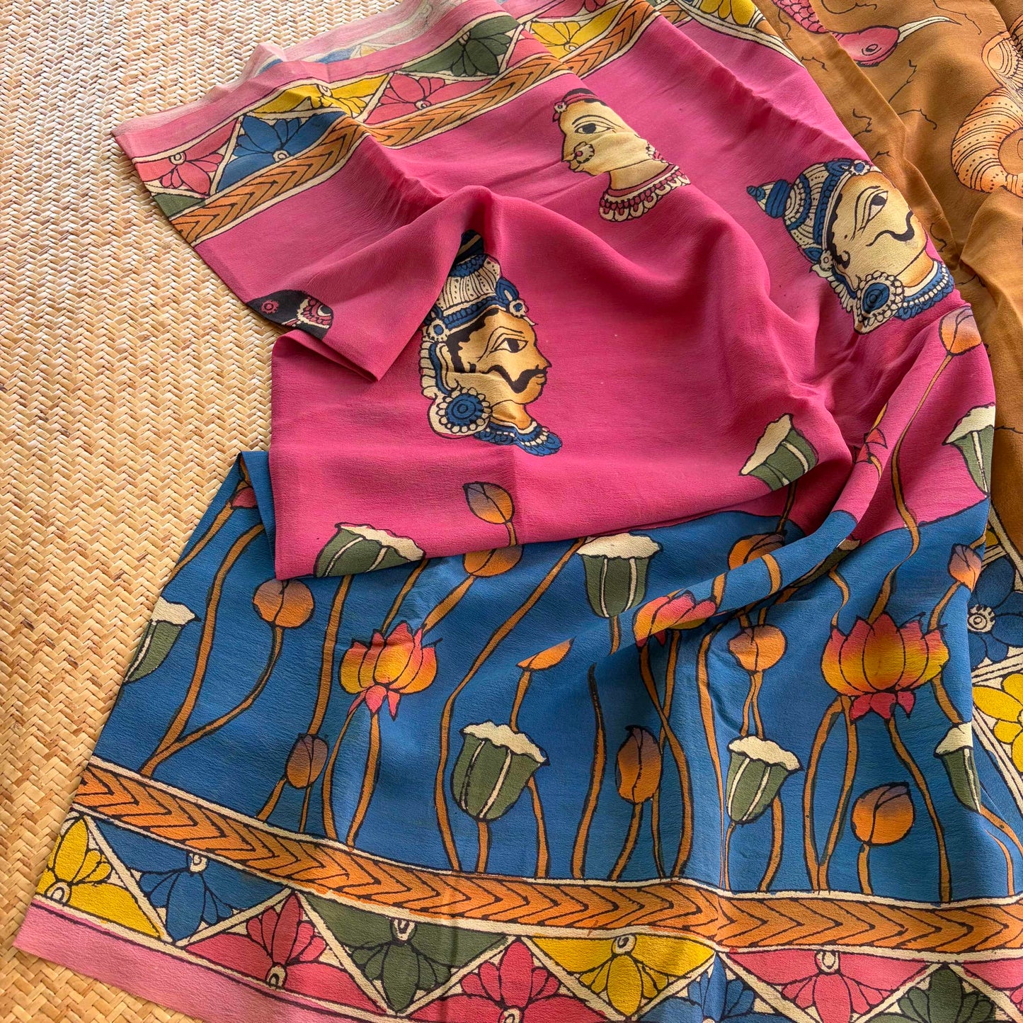 Multicoloured Kalamkari Hand Painted on Crape silk