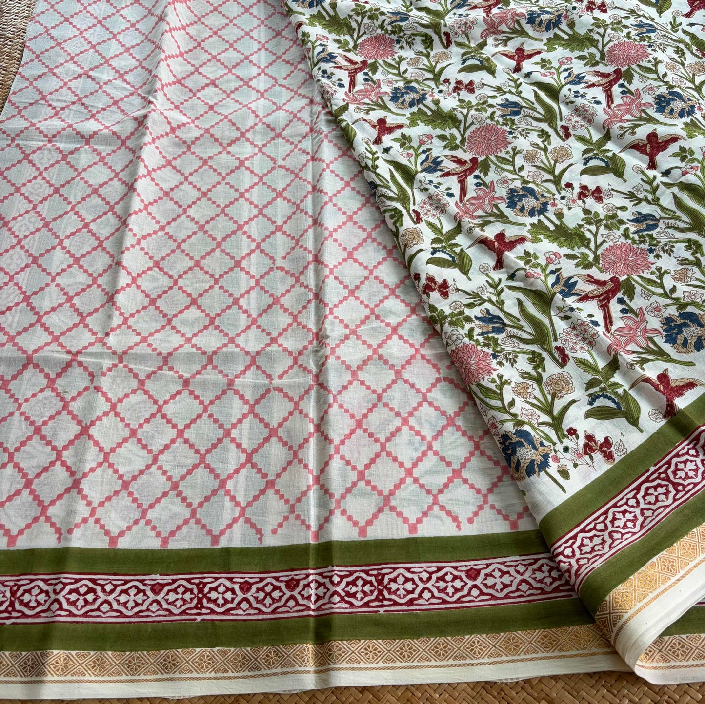 White, Jaipur Hand Block Printed On Madurai Cotton Saree With Zari
