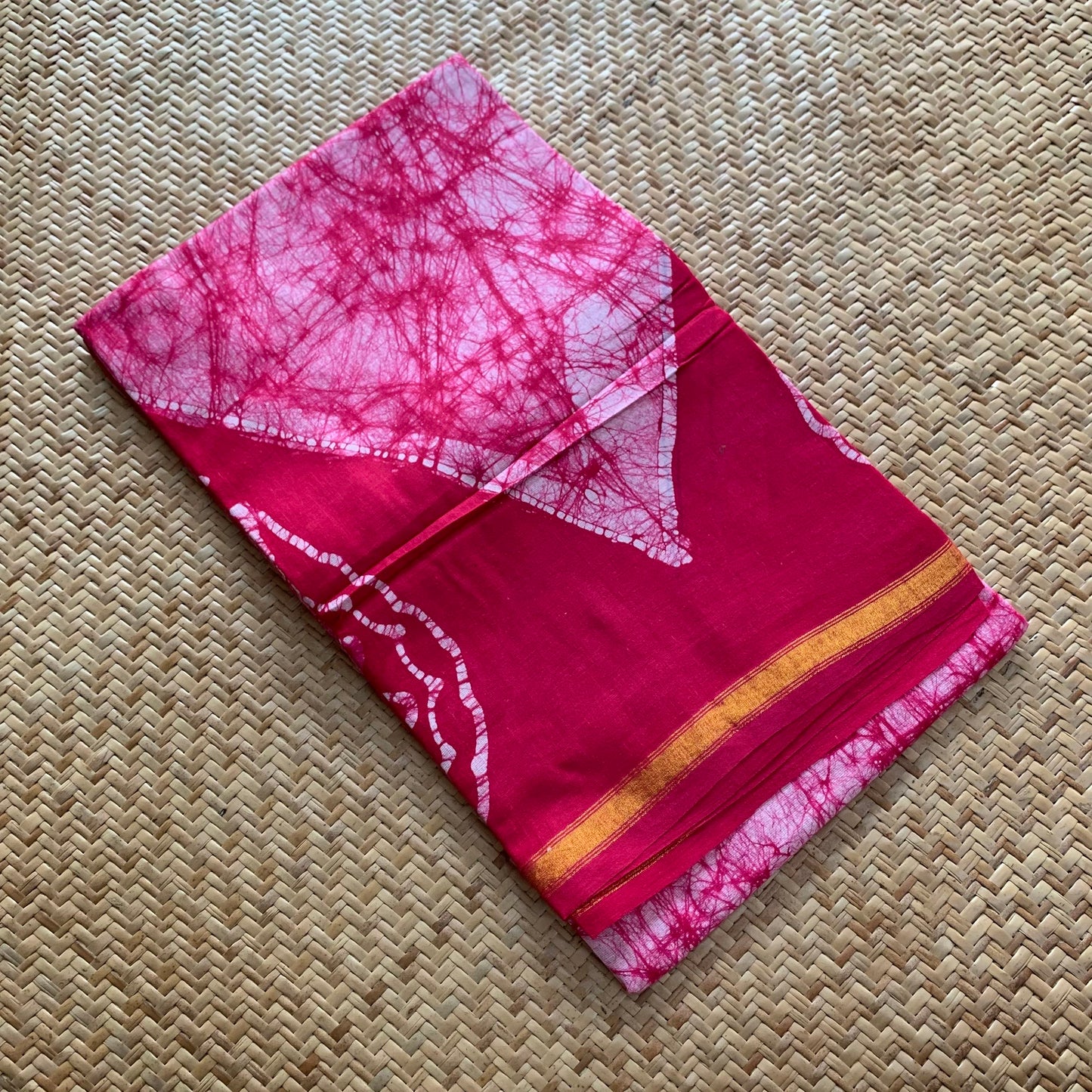 Pink Hand Crafted wax print Sungudi Mul Mul Cotton Saree